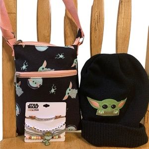 Baby Yoda Purse, beanie, and bracelets
